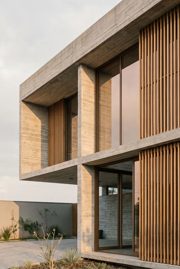Residência contemporânea em concreto aparente, madeira e vidro