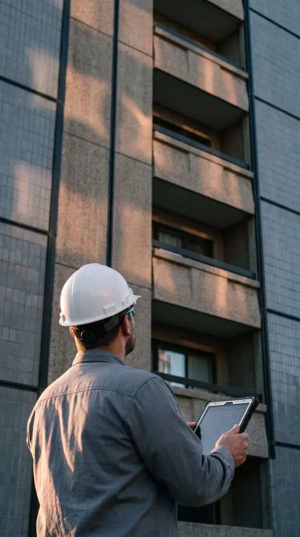 Engenheiro de capacete, com um tablet na mão, inspecionando a fachada de um edifício residencial
