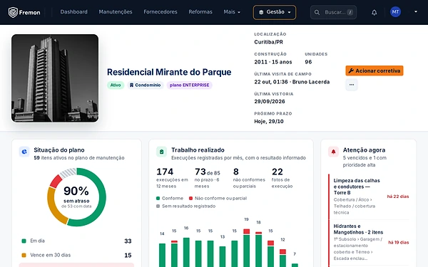Home de uma entidade no Fremon com a foto do edifício e a situação do plano de manutenção
