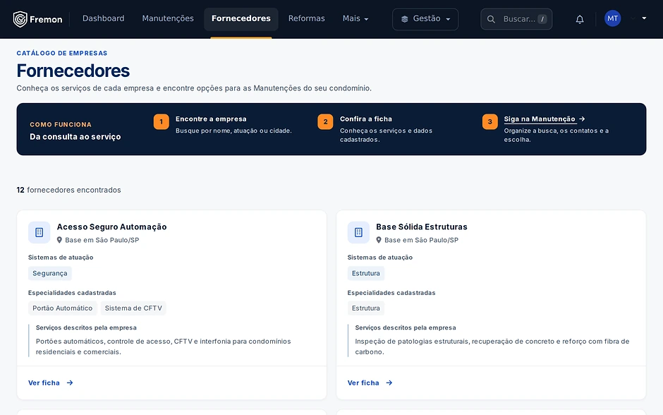 Catálogo de fornecedores do Fremon com sistemas de atuação, especialidades, cidade e serviços