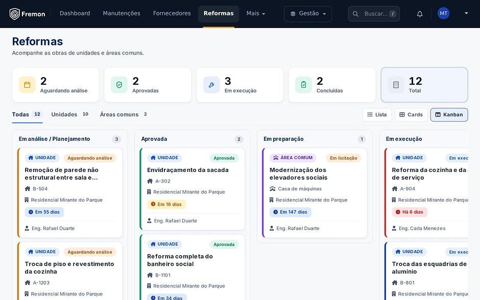 Reformas do Fremon em quadro por fase, com unidades, áreas comuns, prazos e responsáveis técnicos